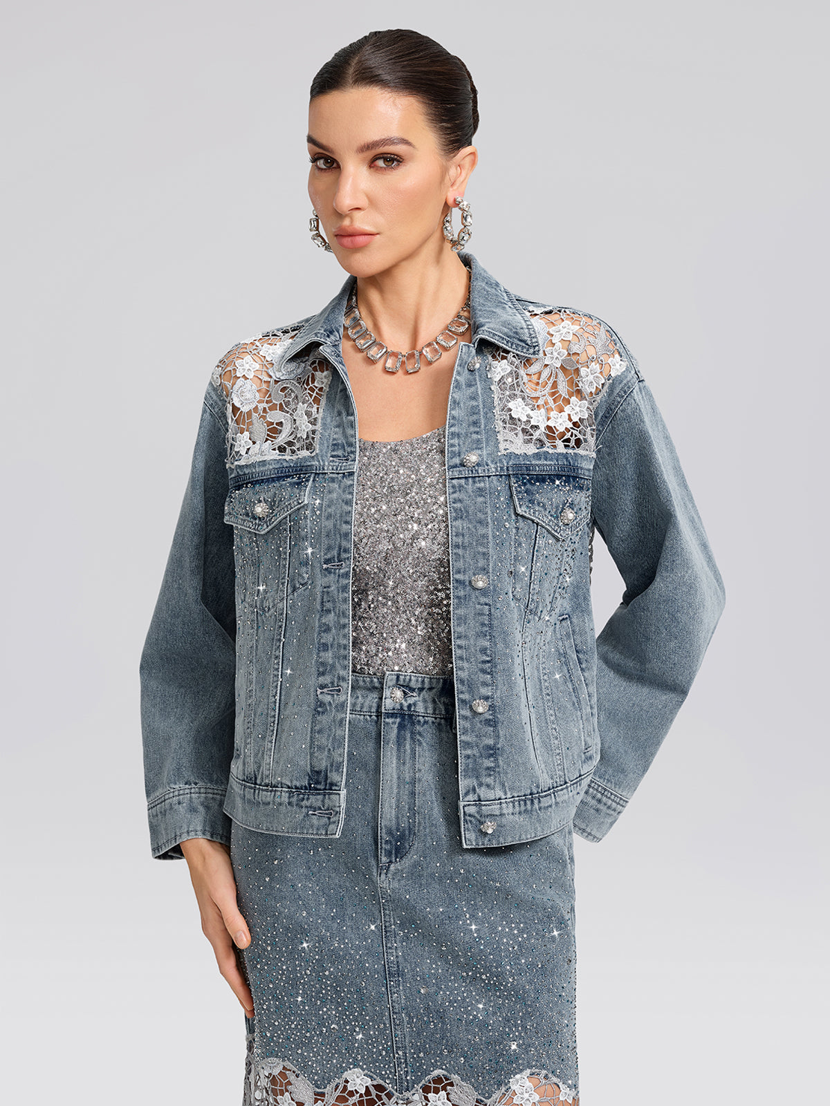 Women's Rhinestone Lace-Panel Denim Jacket – RICHRADIQS