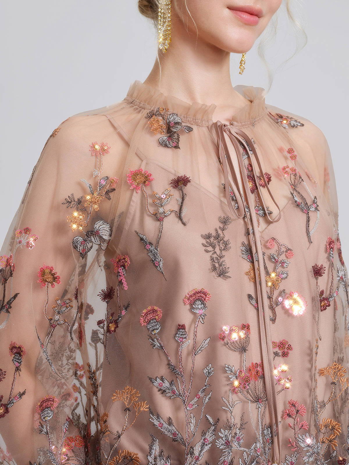 Mesh Embroidered Ruffle Tie-Neck Blouse