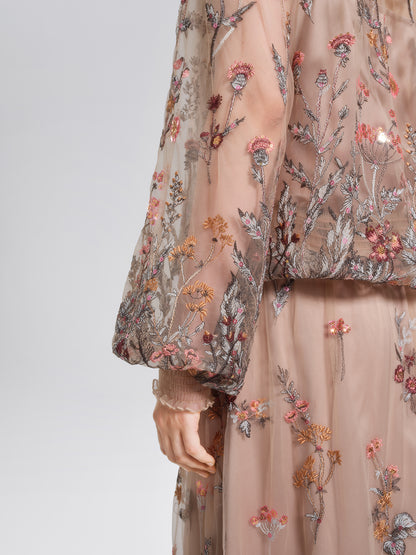 Mesh Embroidered Ruffle Tie-Neck Blouse