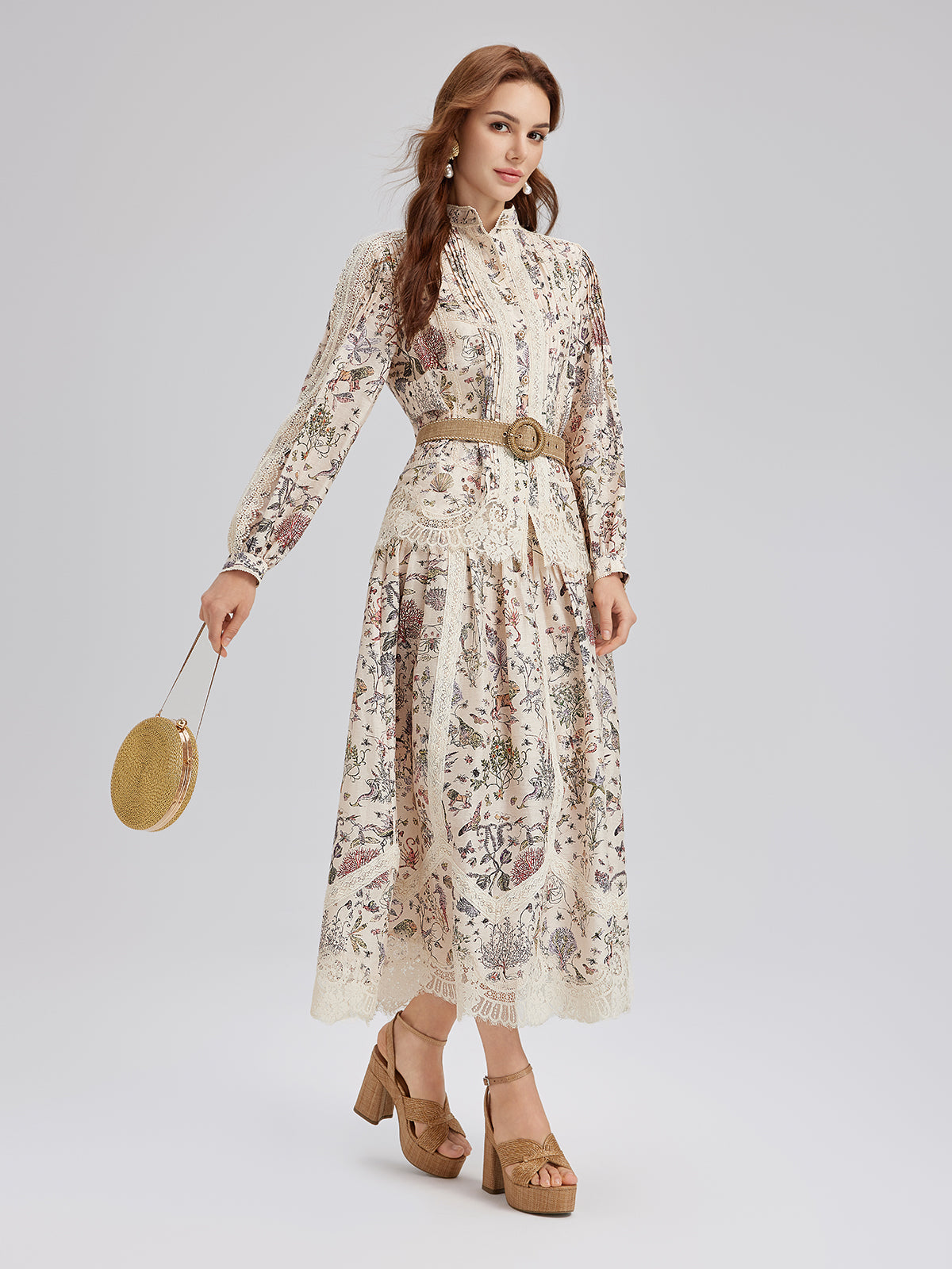 Silk-Linen Botanical Print Lace Skirt