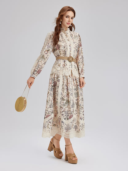 Silk-Linen Botanical Print Lace Skirt