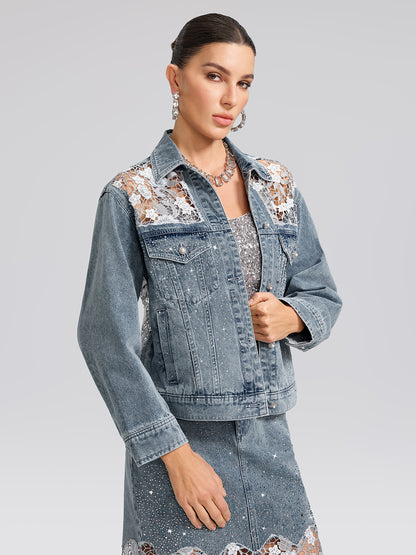 Rhinestone Lace-Panel Denim Jacket
