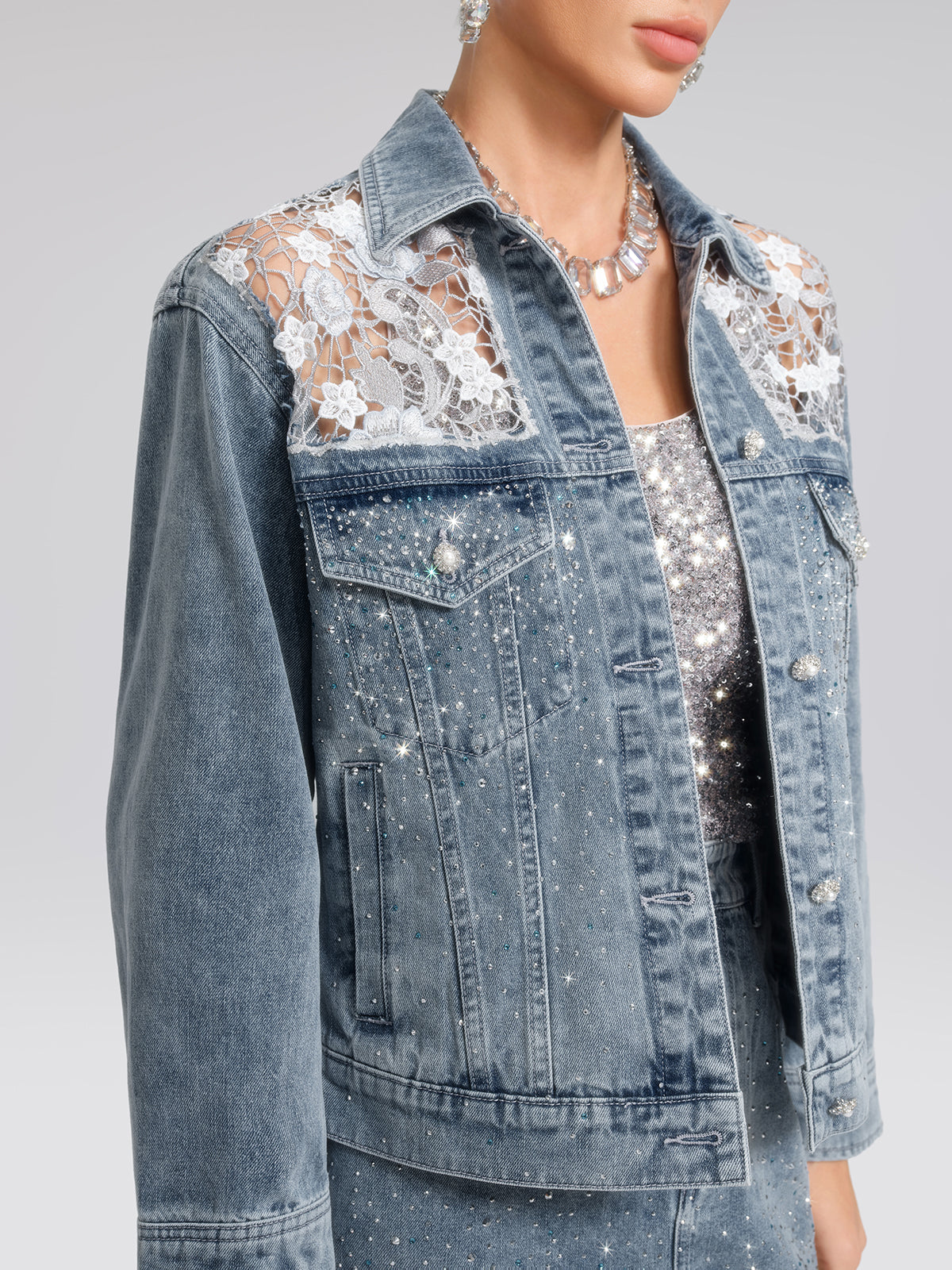 Rhinestone Lace-Panel Denim Jacket