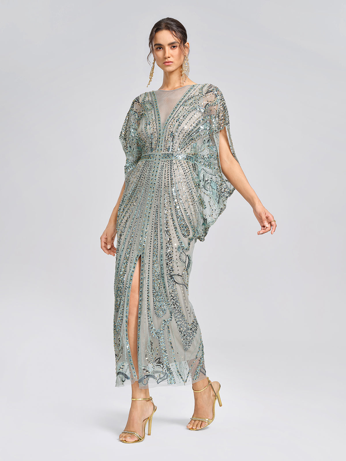 Beaded Sequin Mesh V-Neck Dress