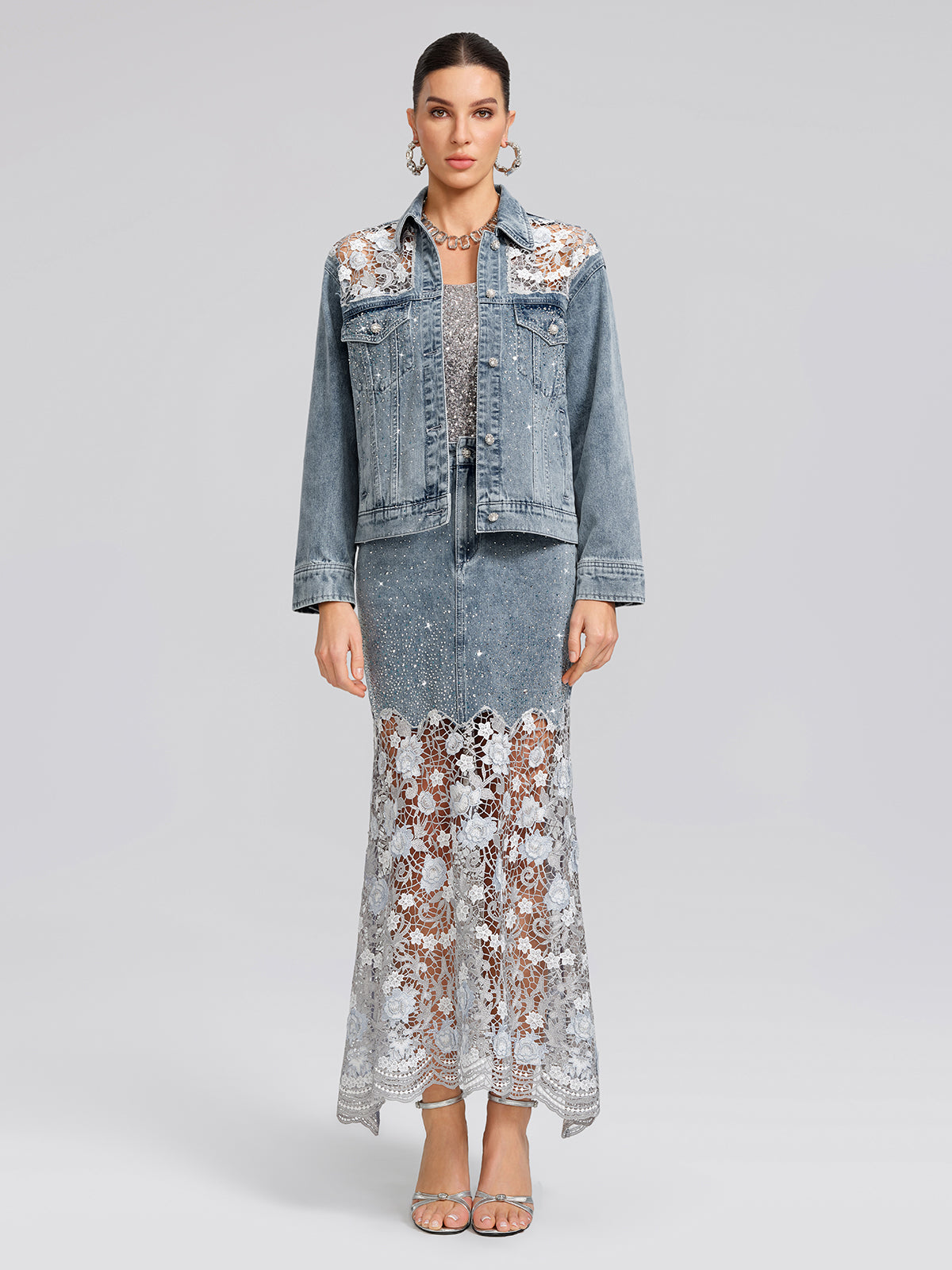 Rhinestone Lace-Panel Denim Skirt