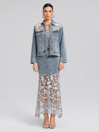 Rhinestone Lace-Panel Denim Skirt