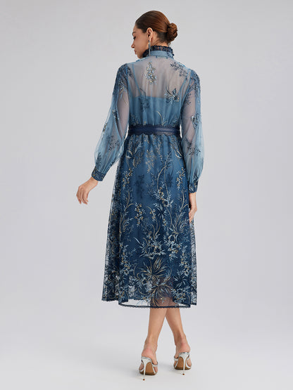 Vine Silver-Thread Embroidered Beaded Lace Dress (Belt Included)