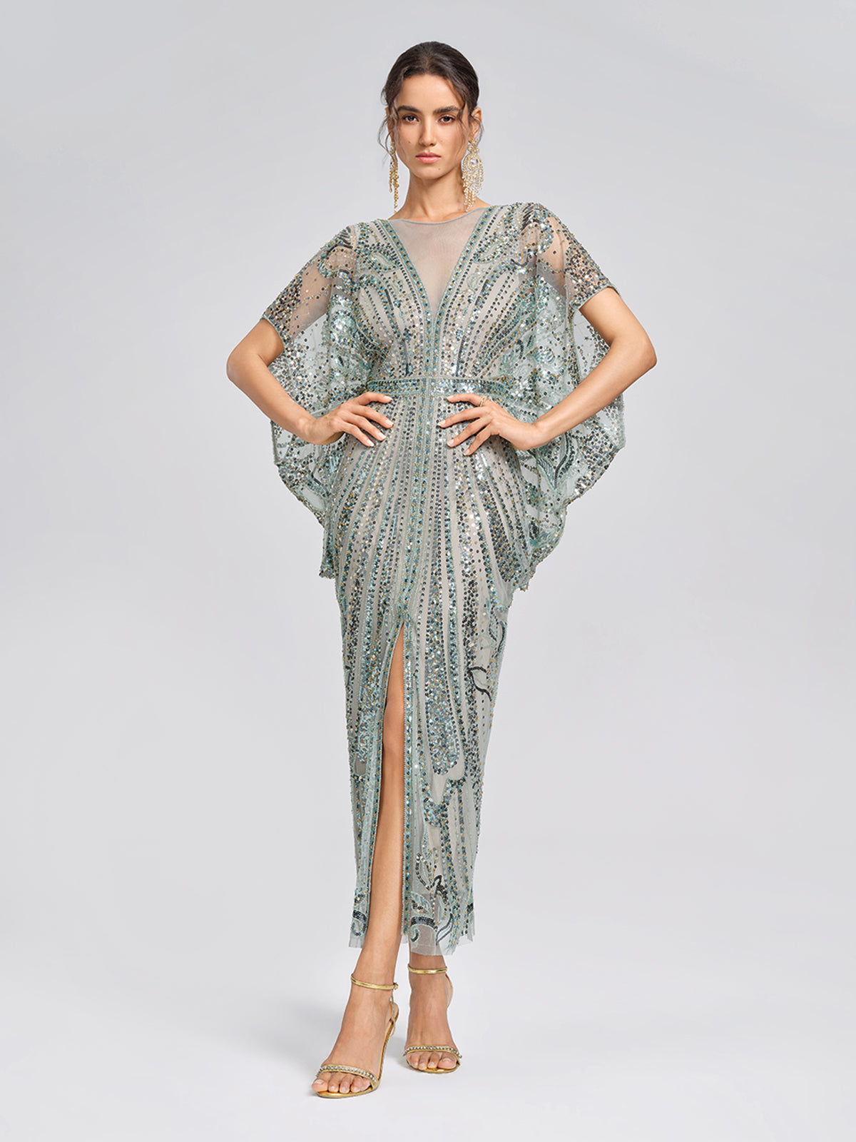 Beaded Sequin Mesh V-Neck Dress