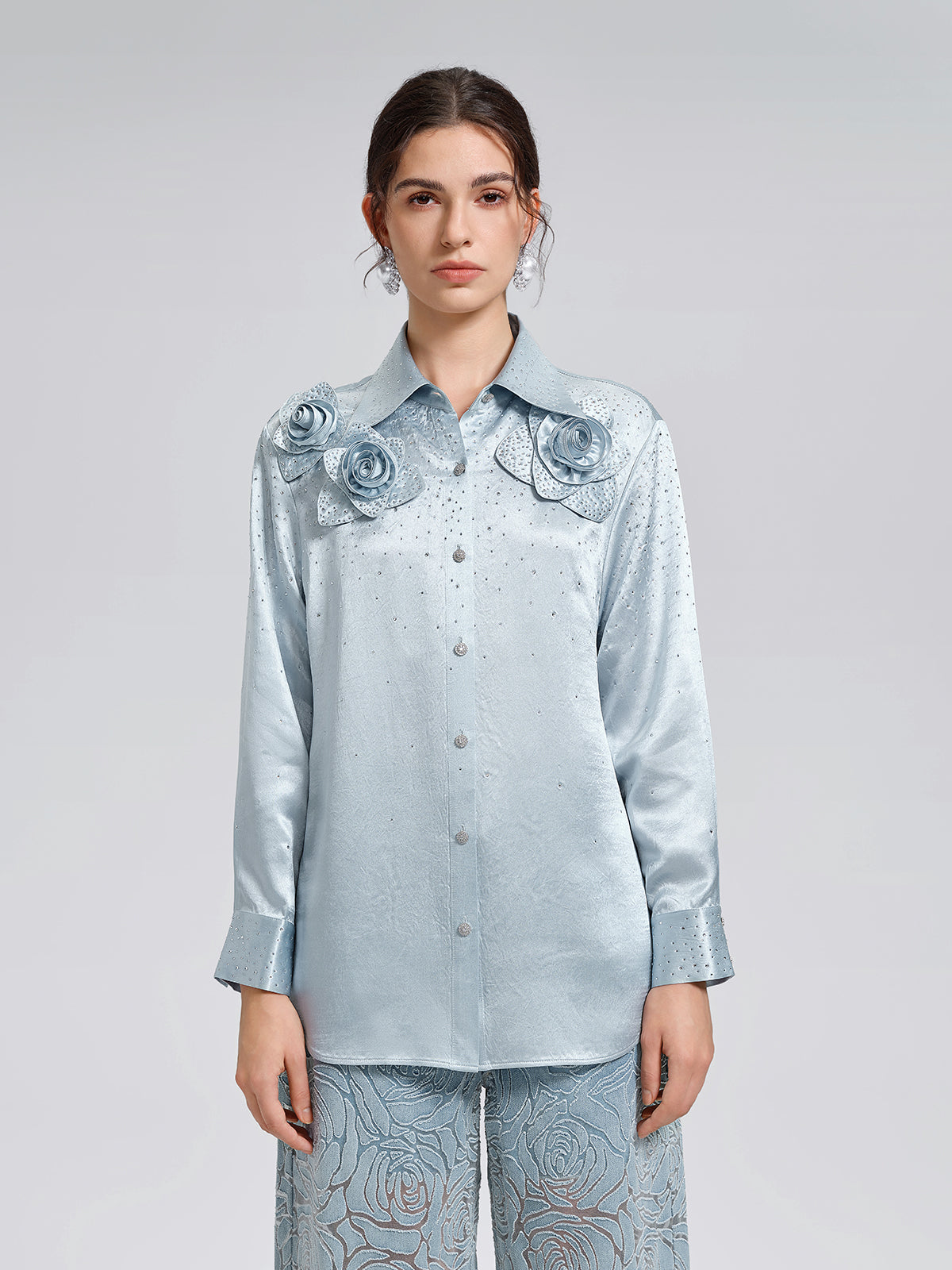 Satin Rhinestone 3D Floral Shirt