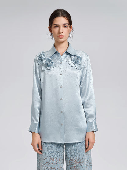 Satin Rhinestone 3D Floral Shirt