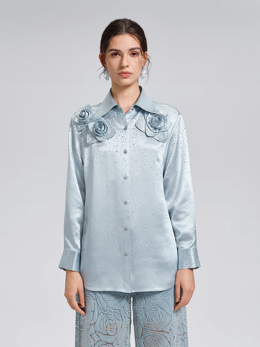 Satin Rhinestone 3D Floral Shirt
