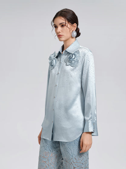 Satin Rhinestone 3D Floral Shirt
