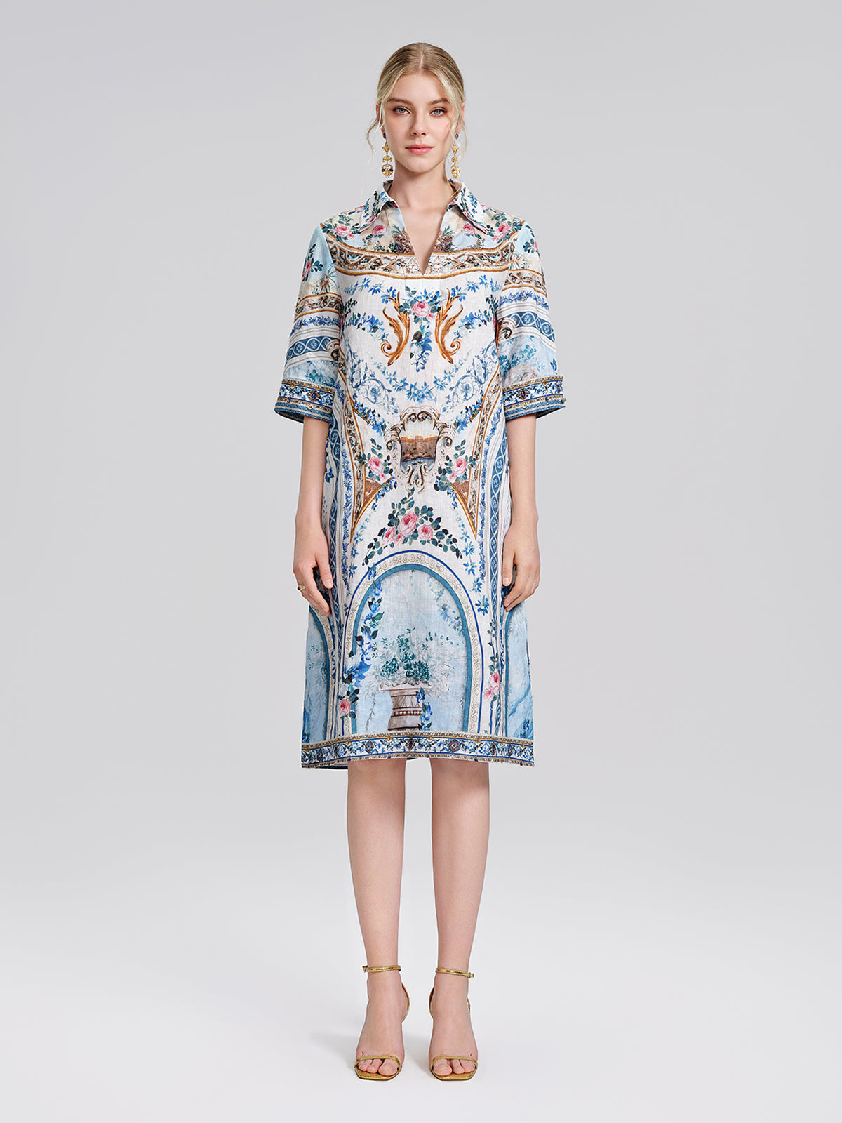 100% Linen Print Rhinestone Straight Dress