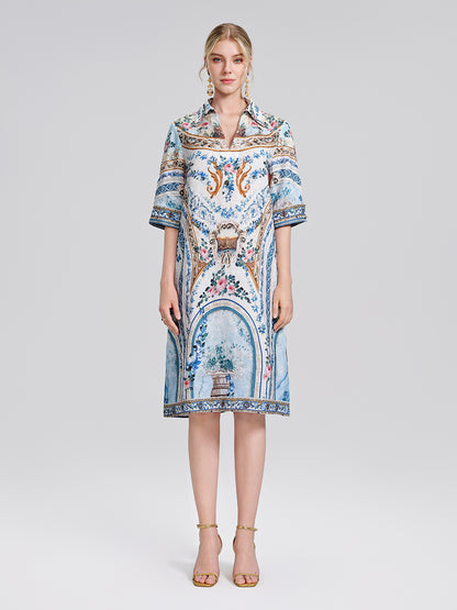 100% Linen Print Rhinestone Straight Dress