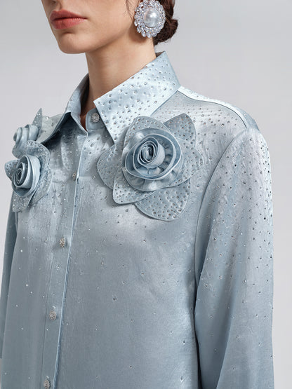 Satin Rhinestone 3D Floral Shirt