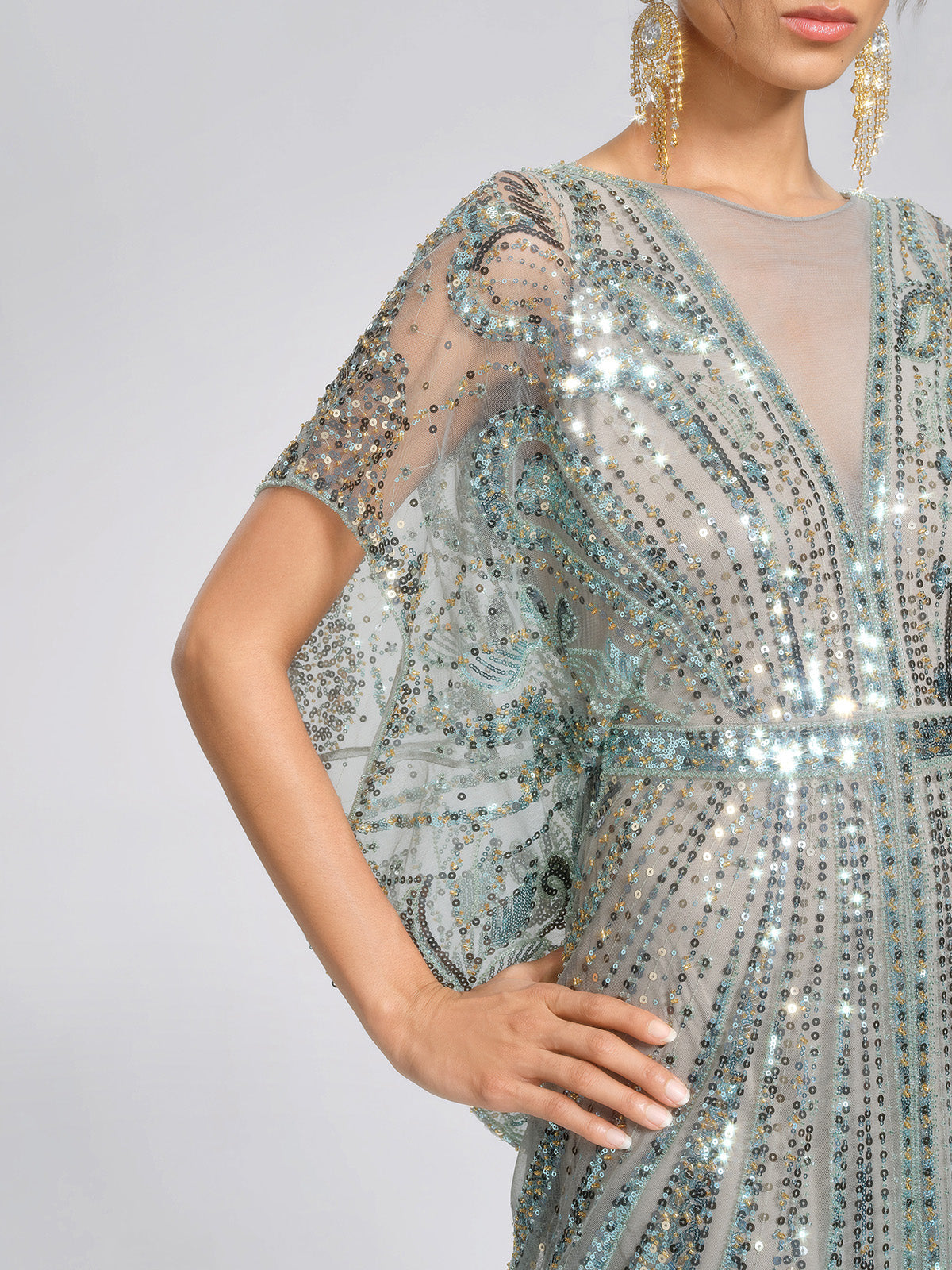 Beaded Sequin Mesh V-Neck Dress