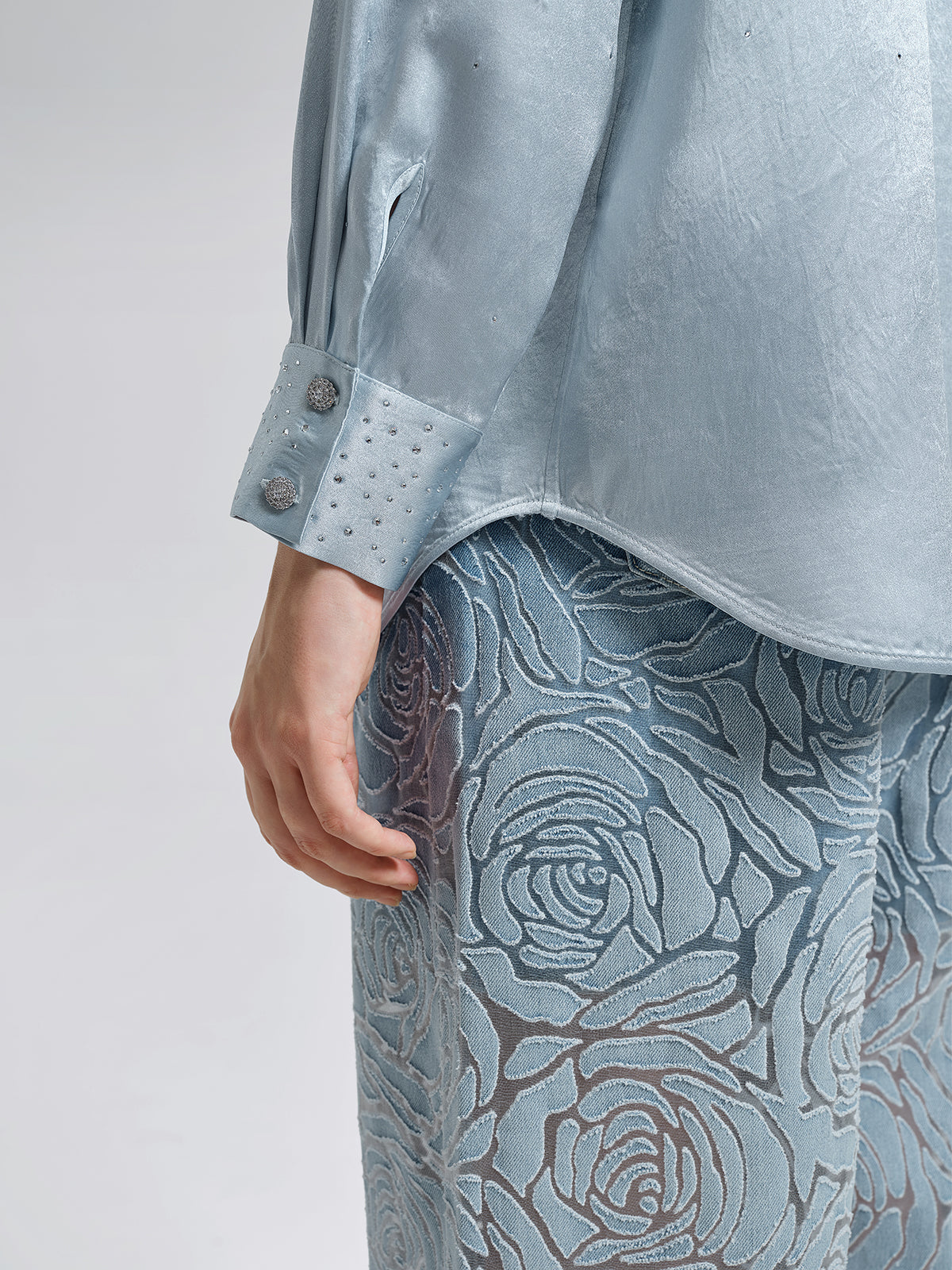 Satin Rhinestone 3D Floral Shirt