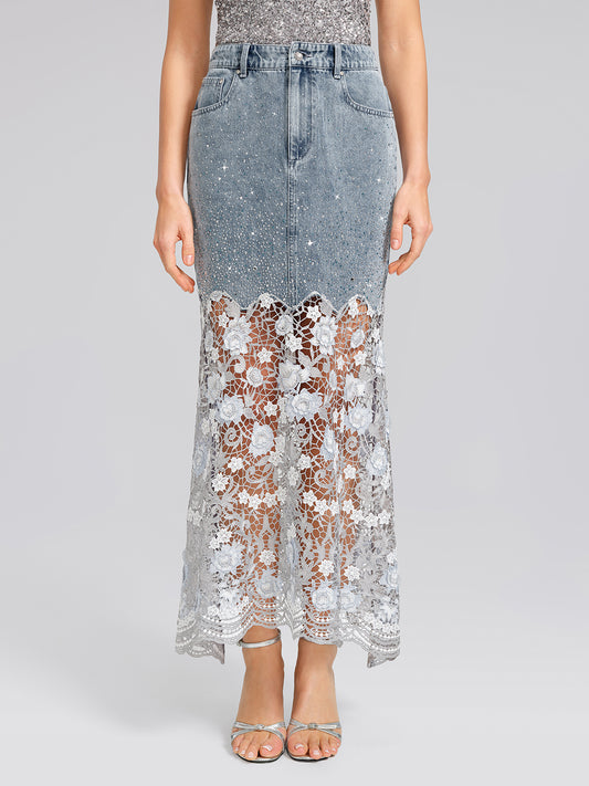 Rhinestone Lace-Panel Denim Skirt