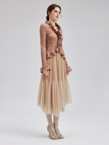 Textured Jacquard Ruffle Shirt & Tulle Skirt Set