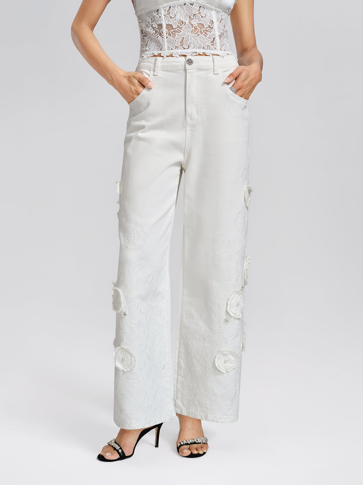 3D Floral Embroidered Beaded Wide-Leg Jeans