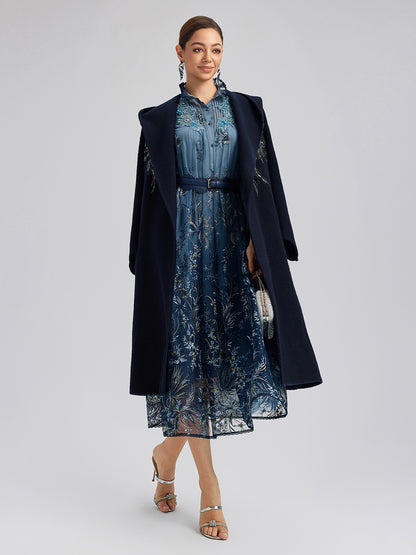 Sequin-Embroidered Double-Faced Wool Hooded Coat