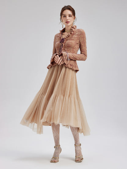 Textured Jacquard Ruffle Shirt & Tulle Skirt Set