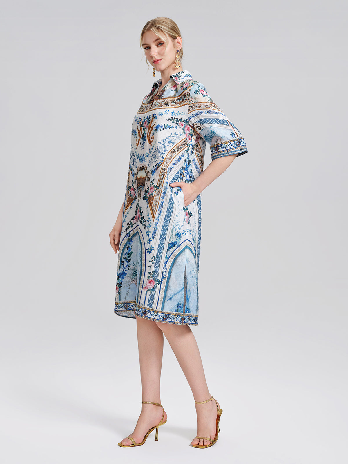 100% Linen Print Rhinestone Straight Dress