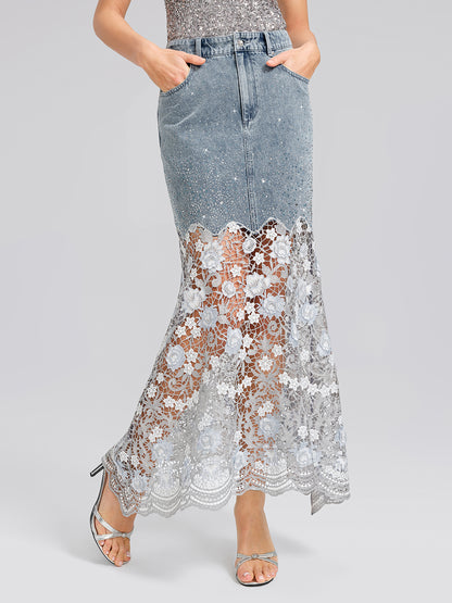 Rhinestone Lace-Panel Denim Skirt