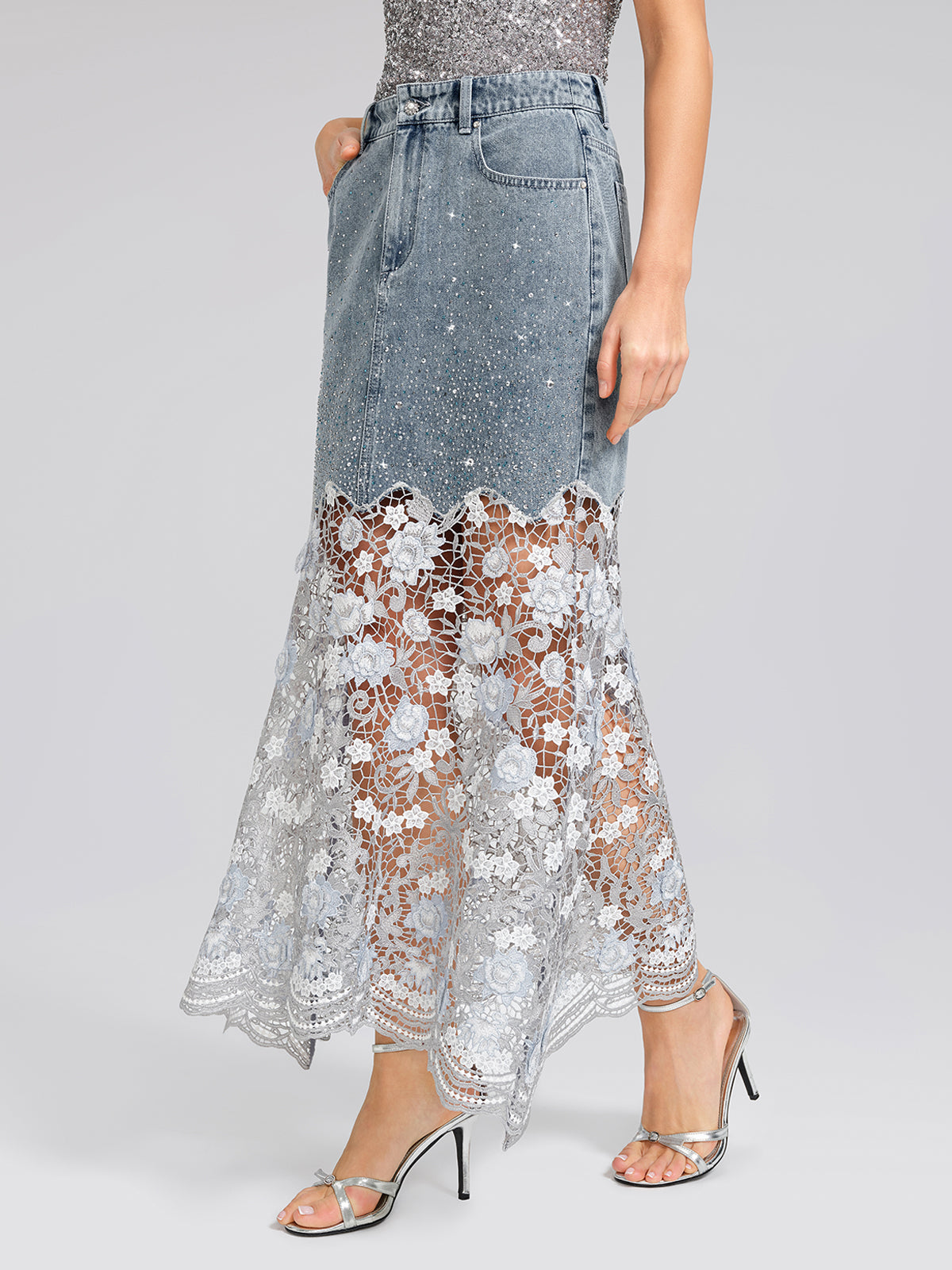 Rhinestone Lace-Panel Denim Skirt