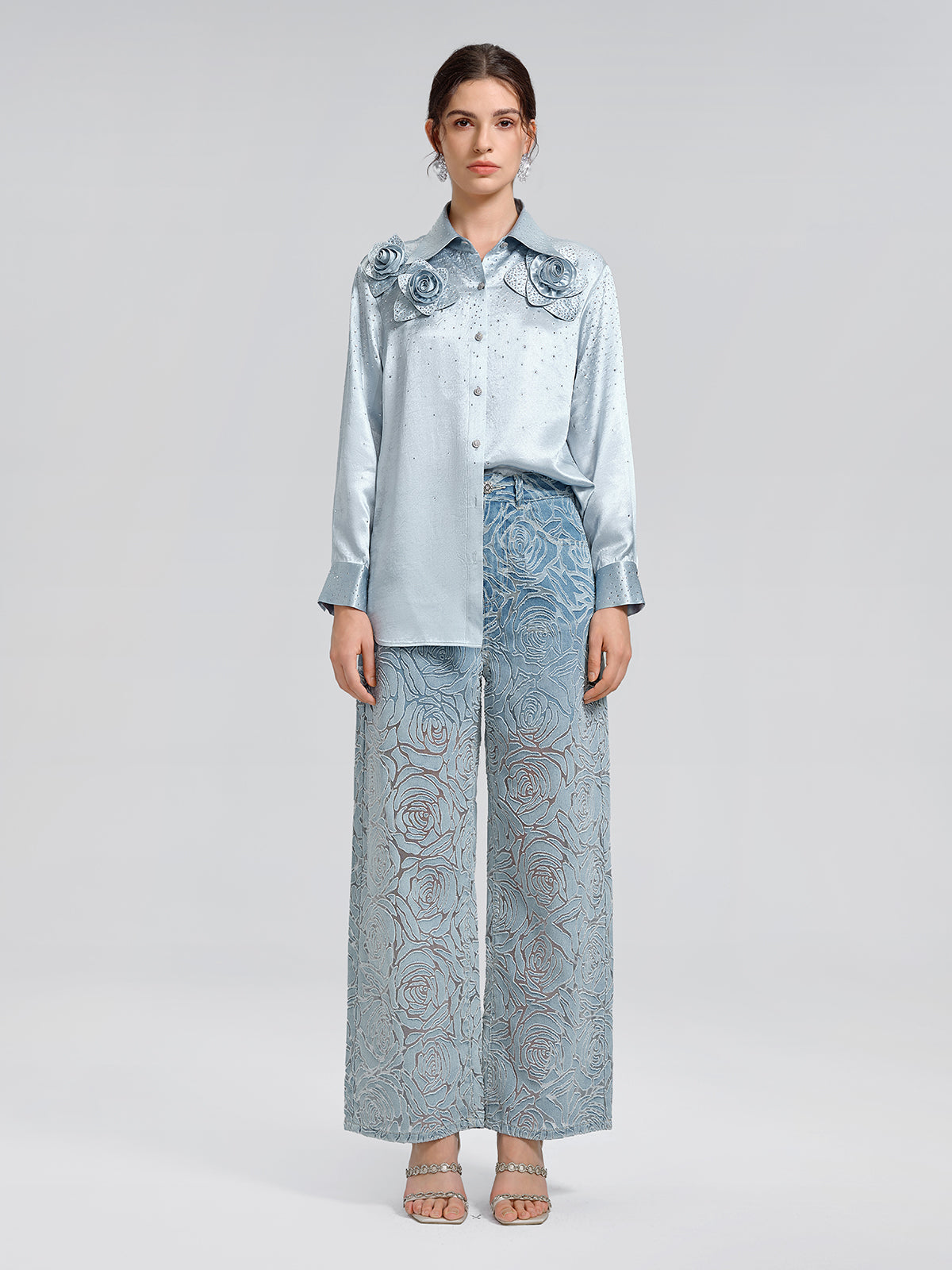 Satin Rhinestone 3D Floral Shirt