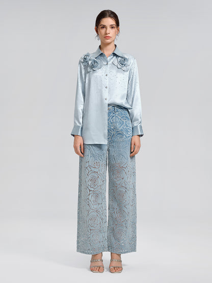 Satin Rhinestone 3D Floral Shirt