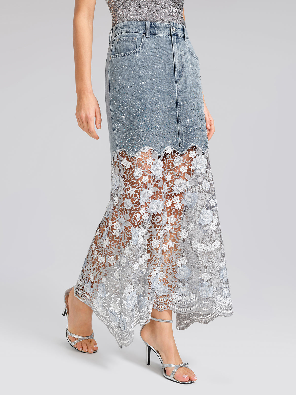 Rhinestone Lace-Panel Denim Skirt