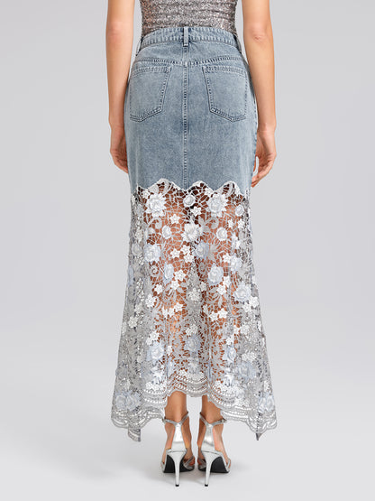 Rhinestone Lace-Panel Denim Skirt