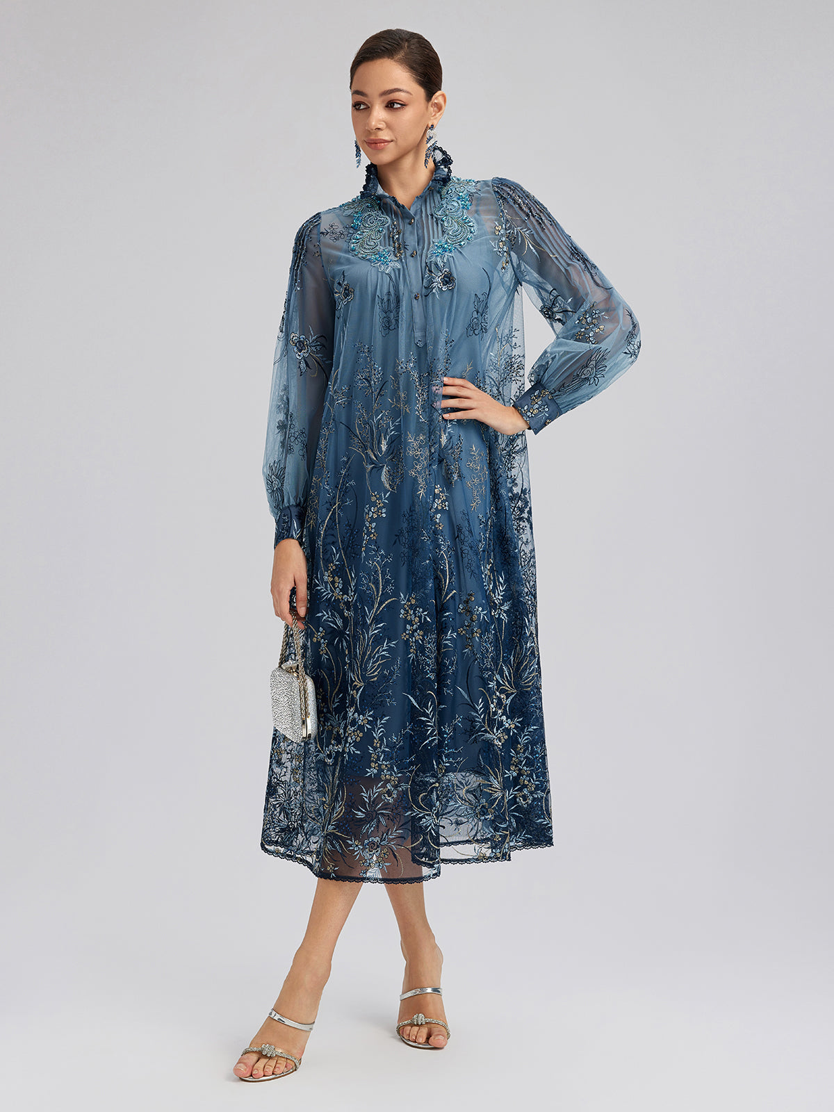 Vine Silver-Thread Embroidered Beaded Lace Dress (Belt Included)