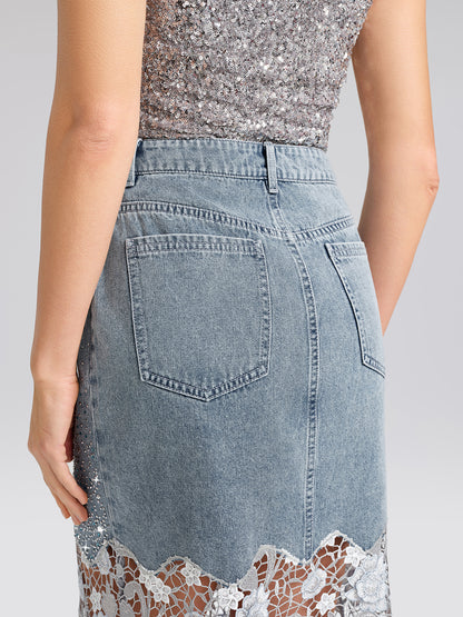 Rhinestone Lace-Panel Denim Skirt