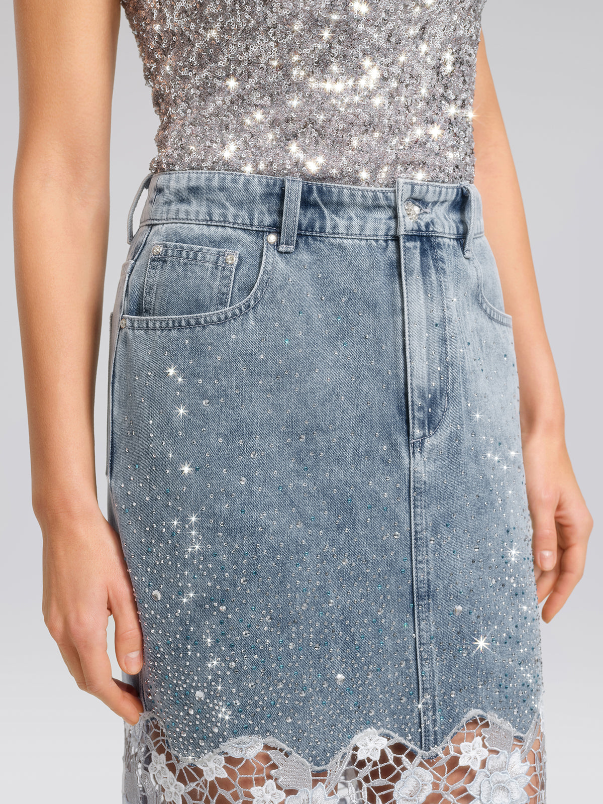 Rhinestone Lace-Panel Denim Mermaid Skirt – RICHRADIQS