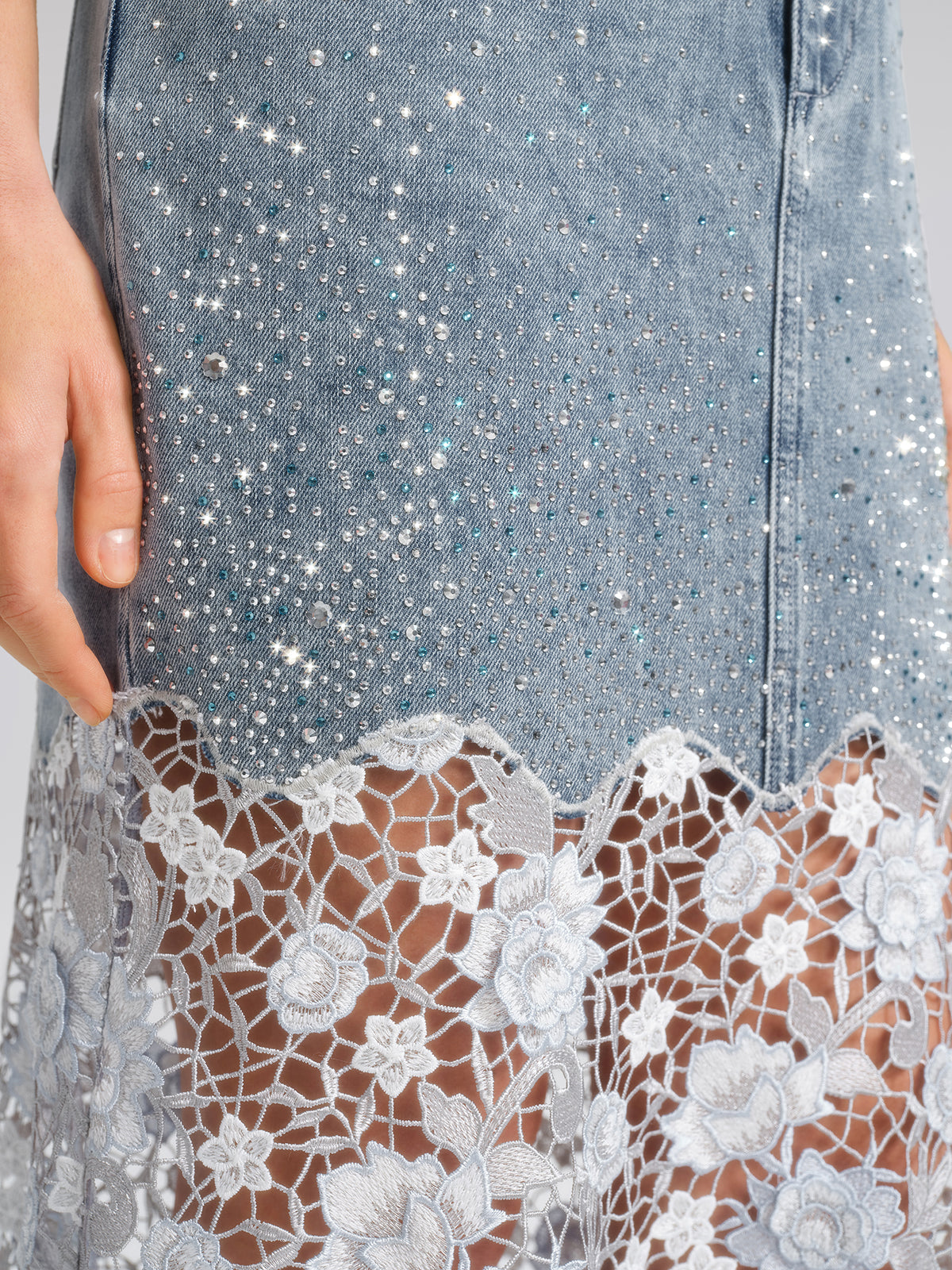 Rhinestone Lace-Panel Denim Skirt