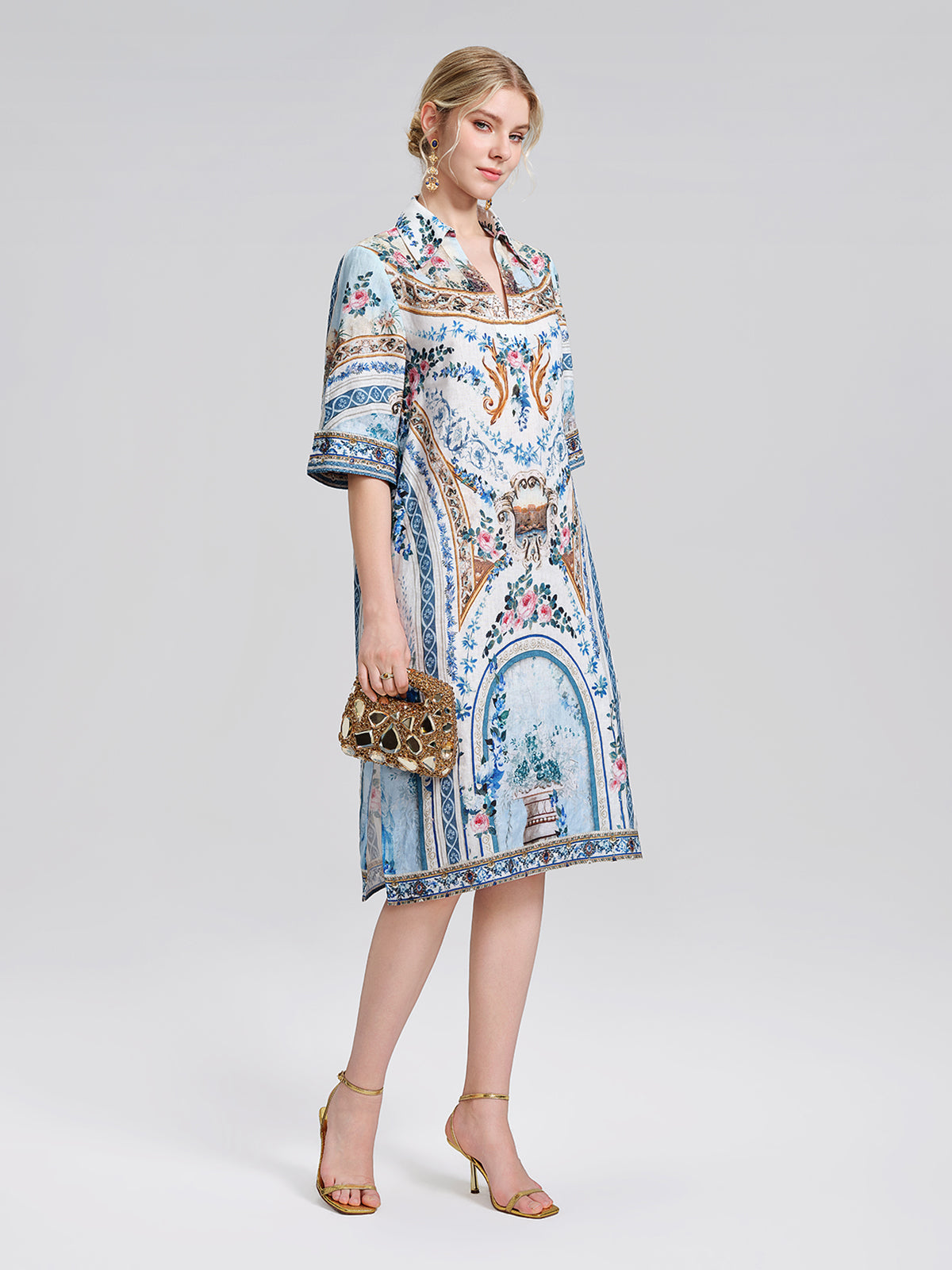 100% Linen Print Rhinestone Straight Dress