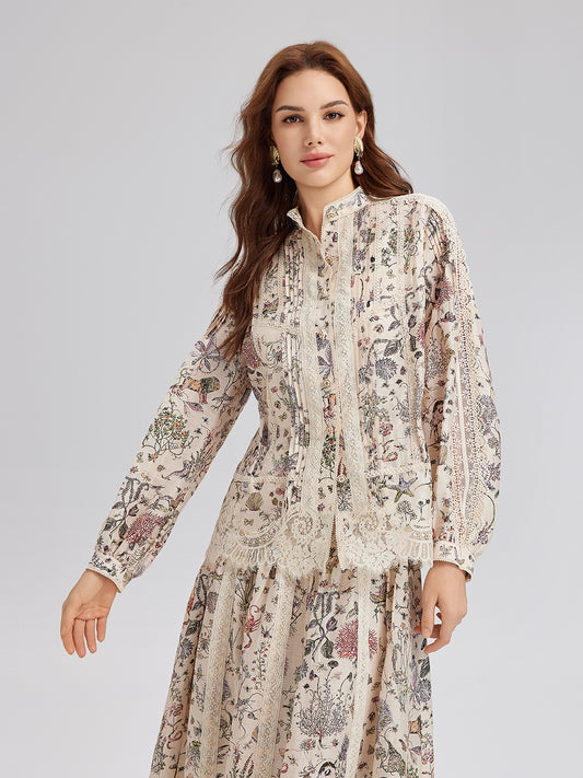 Silk-Linen Floral Lace Stand-Collar Shirt