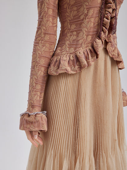 Textured Jacquard Ruffle Shirt & Tulle Skirt Set