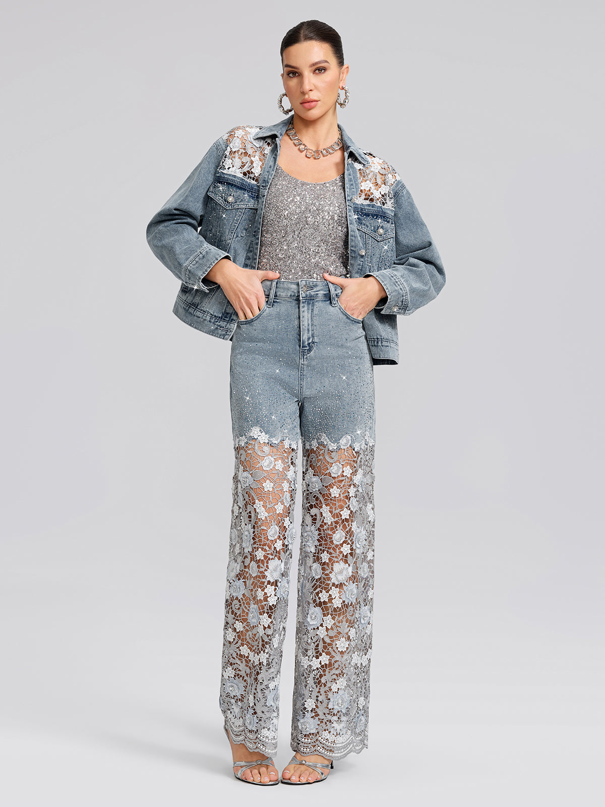 Rhinestone Lace-Panel Denim Jacket