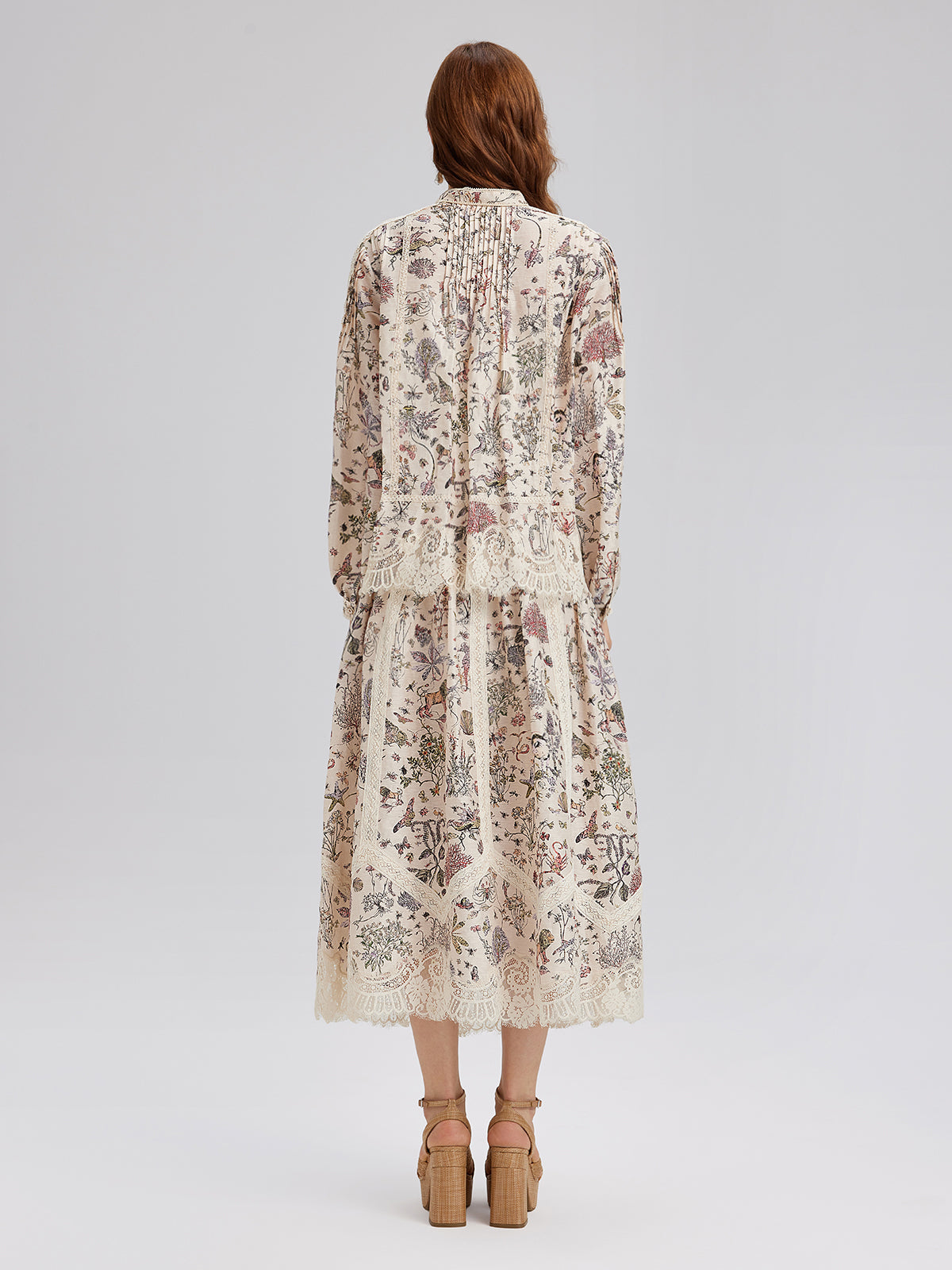 Silk-Linen Botanical Print Lace Skirt