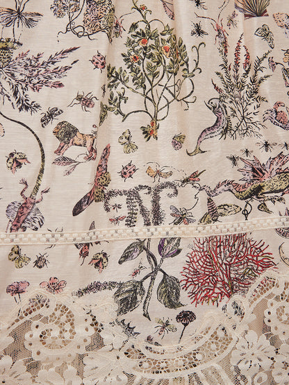 Silk-Linen Botanical Print Lace Skirt