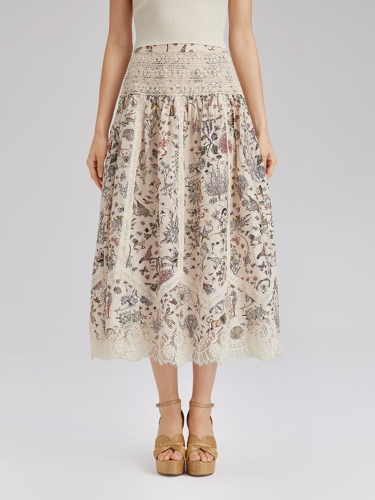 Silk-Linen Botanical Print Lace Skirt