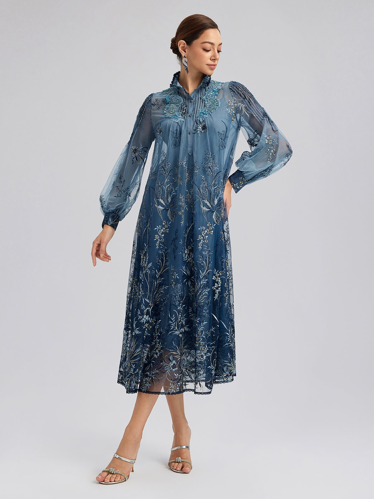 Vine Silver-Thread Embroidered Beaded Lace Dress (Belt Included)