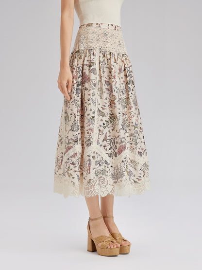 Silk-Linen Botanical Print Lace Skirt