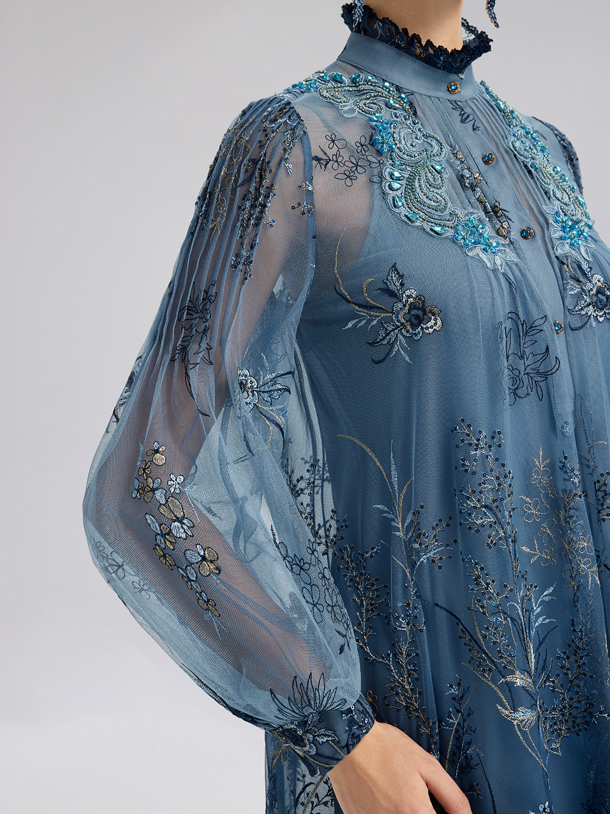 Vine Silver-Thread Embroidered Beaded Lace Dress (Belt Included)