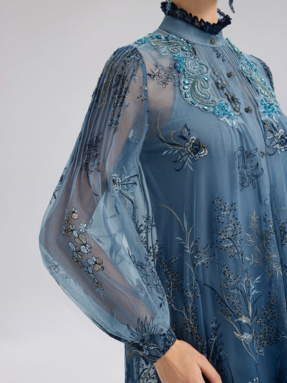 Vine Silver-Thread Embroidered Beaded Lace Dress (Belt Included)