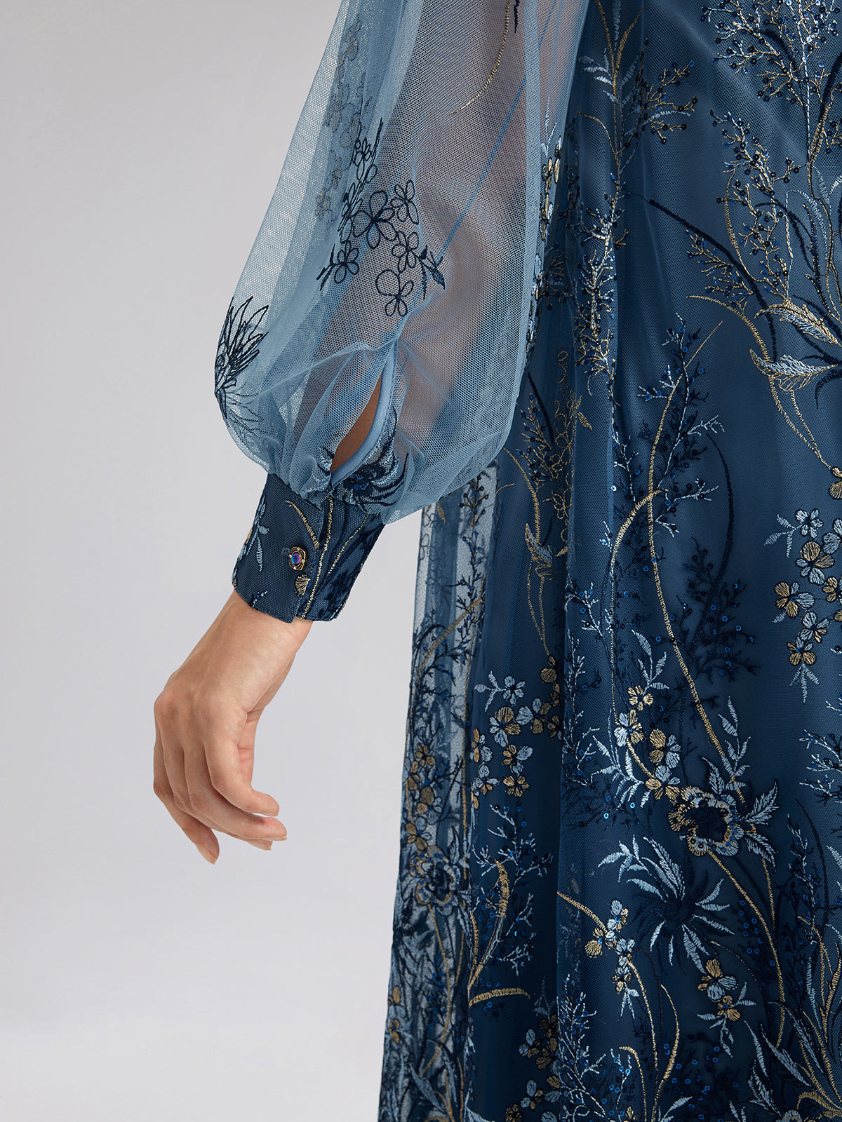 Vine Silver-Thread Embroidered Beaded Lace Dress (Belt Included)