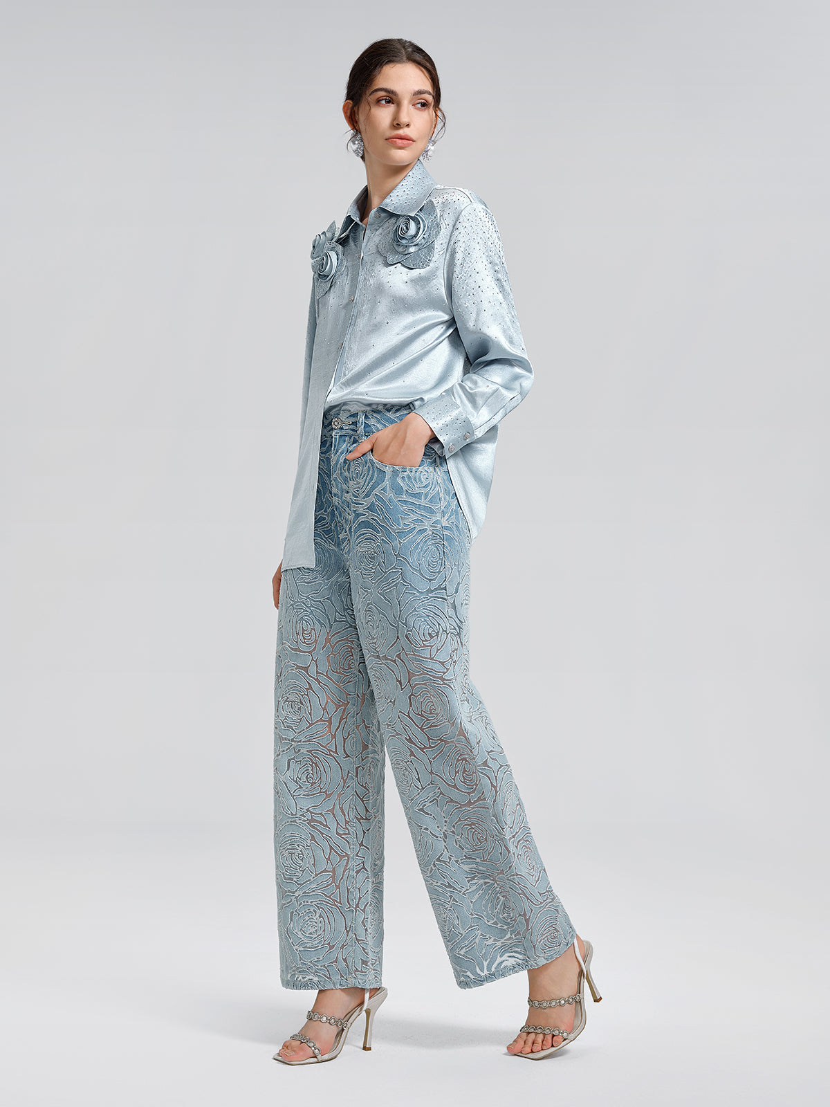 Satin Rhinestone 3D Floral Shirt